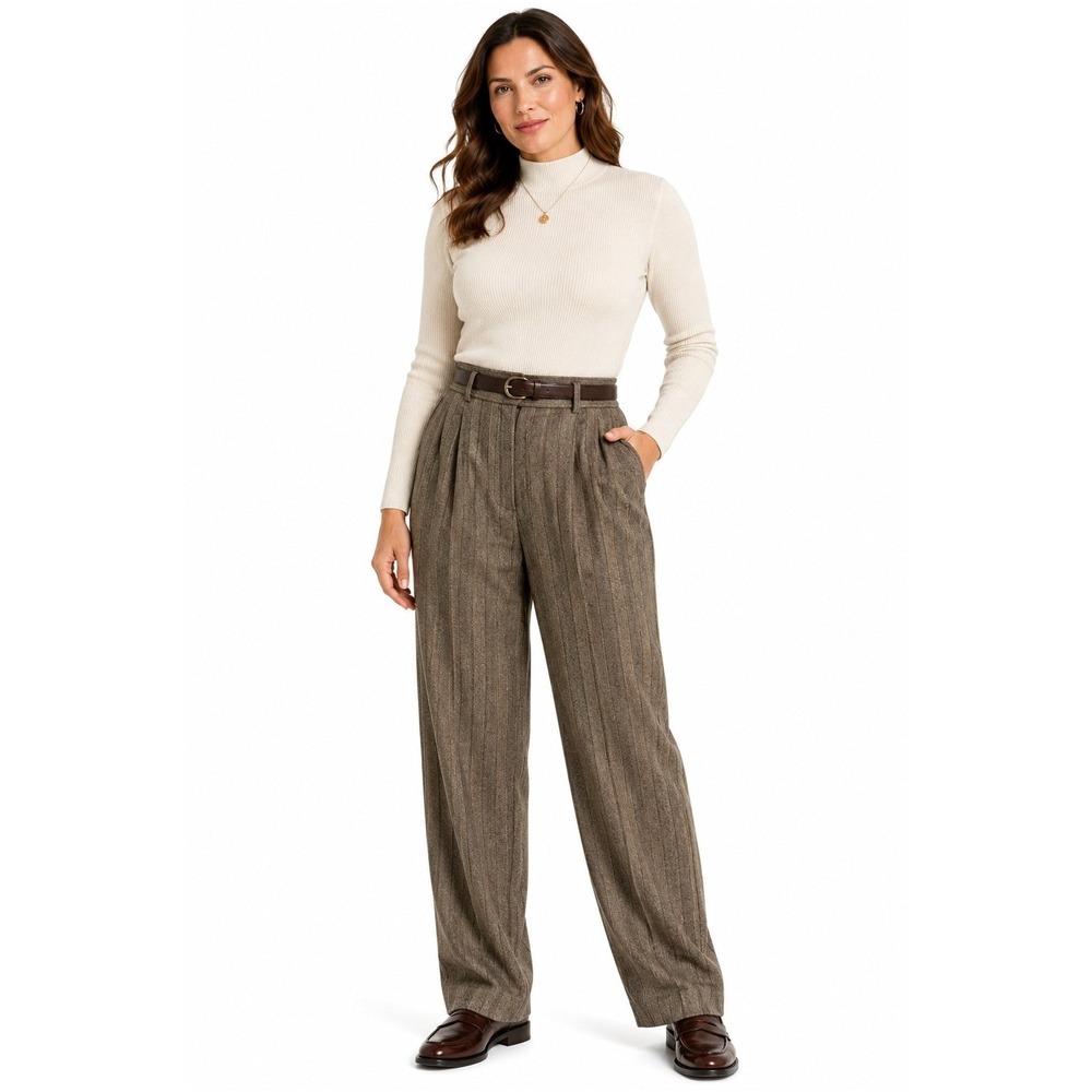 Brown Wool Pleated Trousers Size 10 Herringbone Stripe Academia Grandpacore